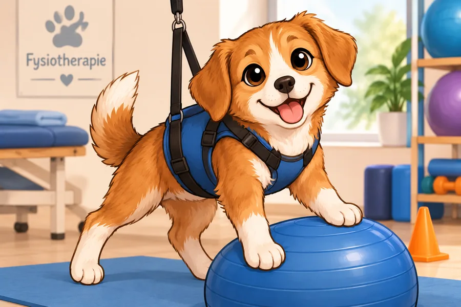 Illustratie van een fysiotherapie-oefening met een hond