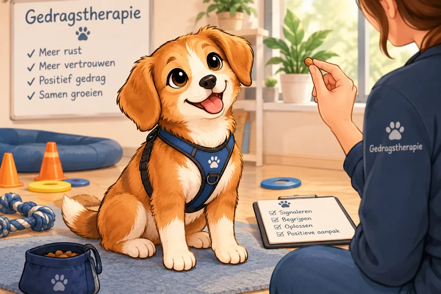 Illustratie van een gedragstherapie-sessie met een hond en trainer