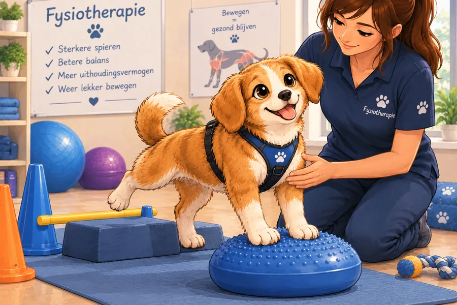 Illustratie van een hond die een balansoefening doet