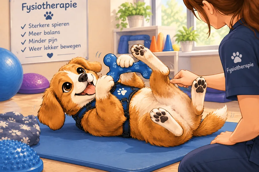 Illustratie van een rek- en strekoefening bij een hond
